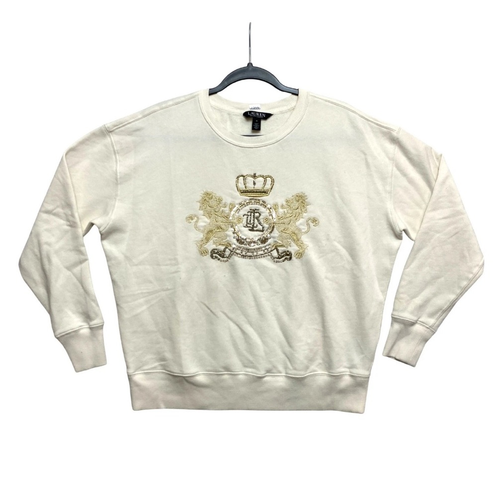 Lauren Ralph Lauren Sweatshirt Womens M Cream Embroidered Crest Pullover